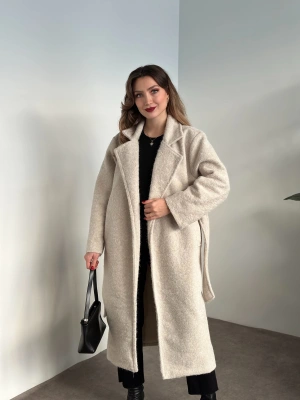 Yün saçaklı kaşe kumaş kemerli pinterest kaban krem