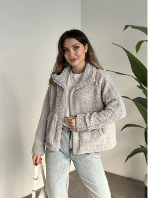 Zr fermuarlı teddy hırka gri