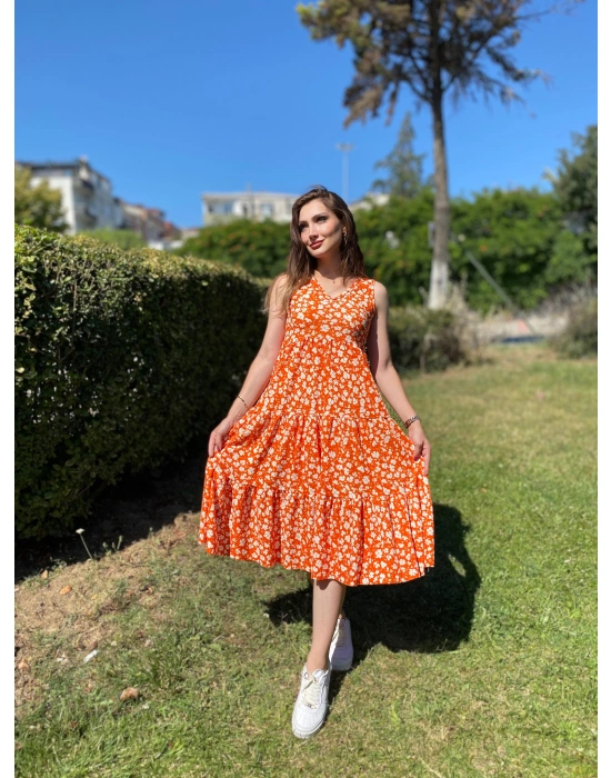 Bisiklet yaka bürümcük kumaş eteği bol kesim elbise-Turuncu