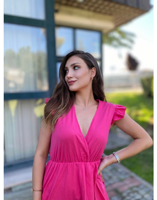 Dekolteli Dantel Detay Elbise-Fusya