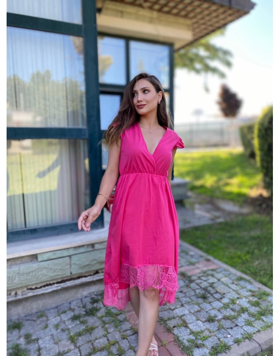 Dekolteli Dantel Detay Elbise-Fusya