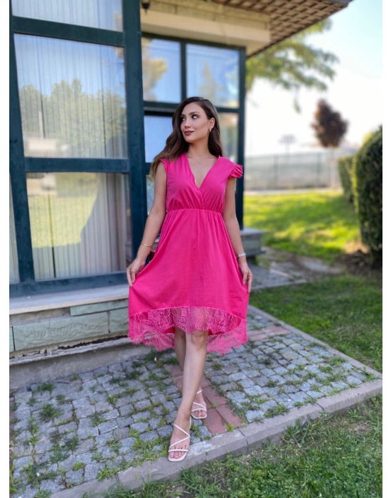 Dekolteli Dantel Detay Elbise-Fusya