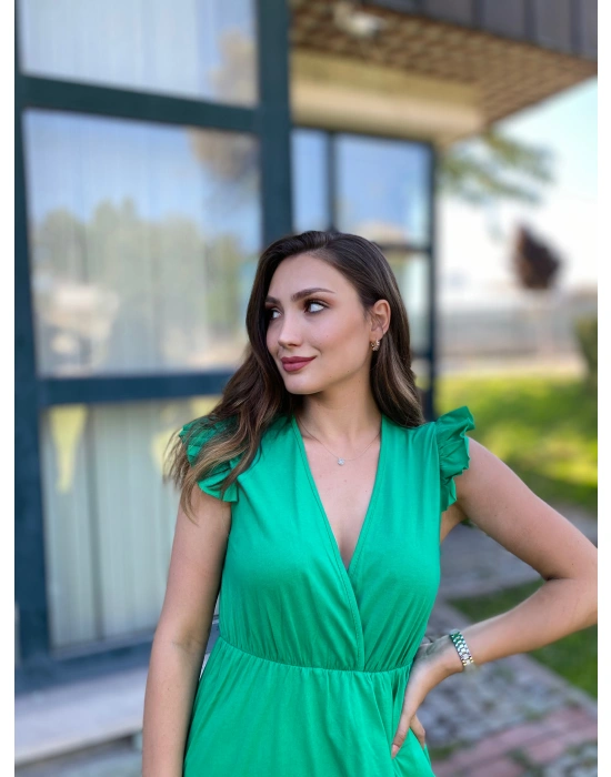 Dekolteli Dantel Detay Elbise-Yesil