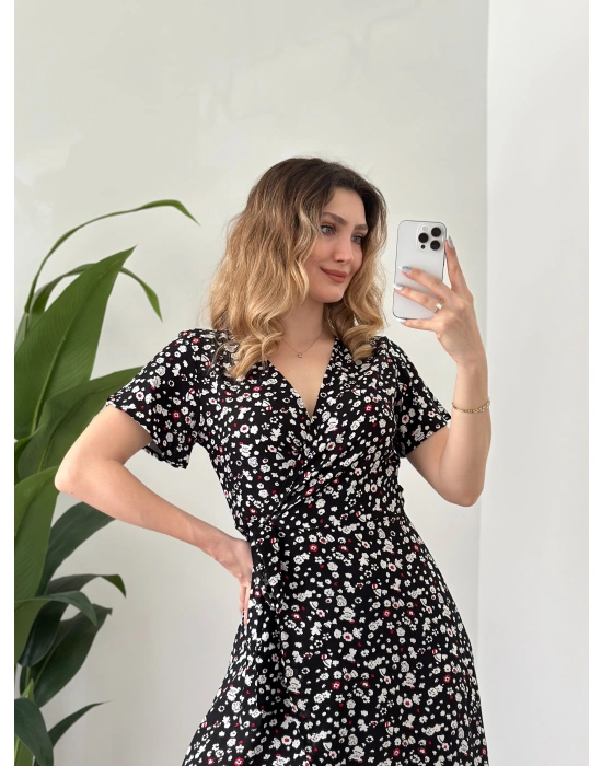 Asimetrik Kesim Önden Bağlamalı Viskon Elbise Siyah Beyaz