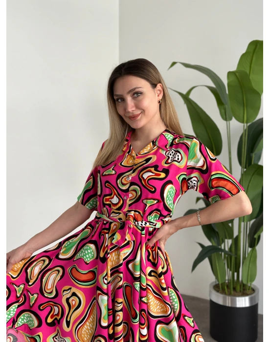 Belinden Kuşaklı Gömlek Yaka Bol Kesim Elbise Pembe Turuncu desenli