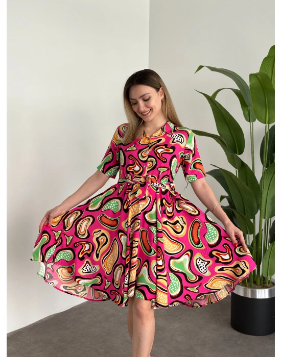 Belinden Kuşaklı Gömlek Yaka Bol Kesim Elbise Pembe Turuncu desenli