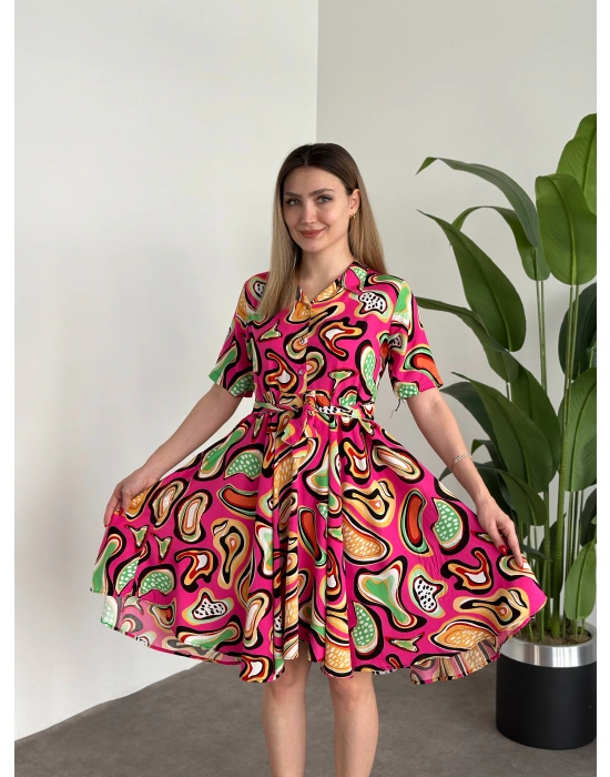 Belinden Kuşaklı Gömlek Yaka Bol Kesim Elbise Pembe Turuncu desenli