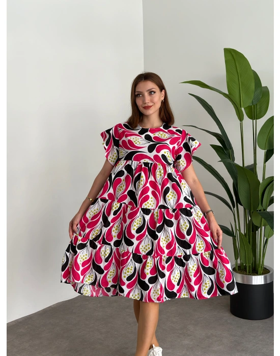 Bol Kesim Poplin Kumaş Mini Elbise Fuşya Beyaz Desenli