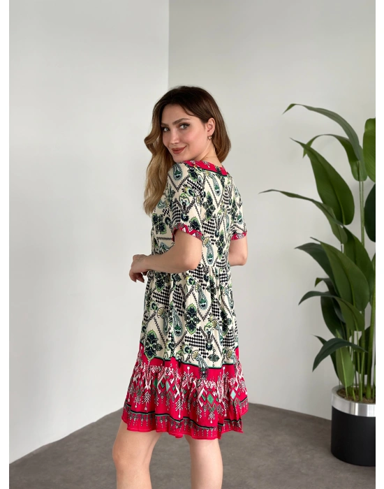 Dekolteli Mini Boy Bol Kesim Elbise Fusya