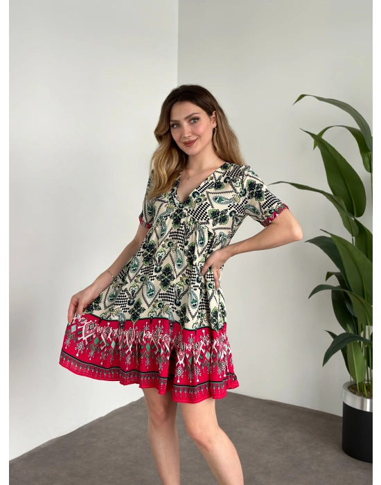 Dekolteli Mini Boy Bol Kesim Elbise Fusya