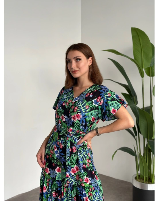 Düğmeli Belinden Kuşaklı Viskon Kumaş Elbise siyah yeşil kırmızı yapraklı