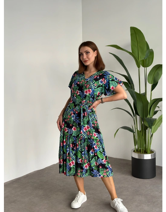 Düğmeli Belinden Kuşaklı Viskon Kumaş Elbise siyah yeşil kırmızı yapraklı