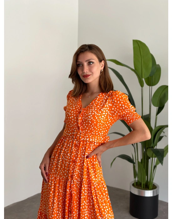 karpuz kol düğmeli v yaka nokta desenli Elbise Turuncu