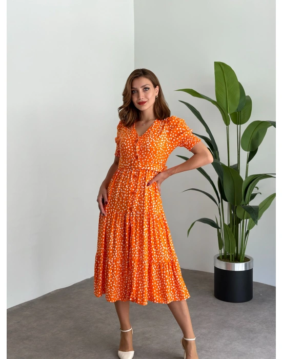 karpuz kol düğmeli v yaka nokta desenli Elbise Turuncu