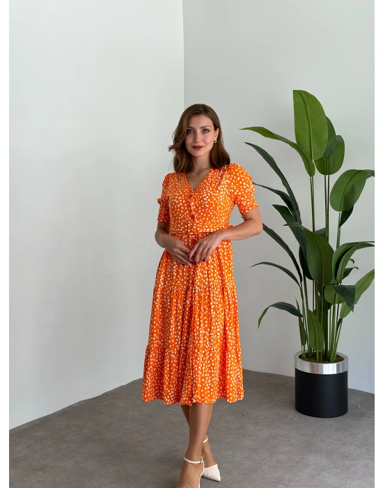 karpuz kol düğmeli v yaka nokta desenli Elbise Turuncu