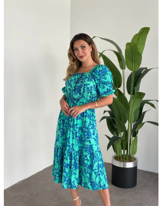 Karpuz Kol Midi Boy Pamuklu Viskon Elbise Mavi