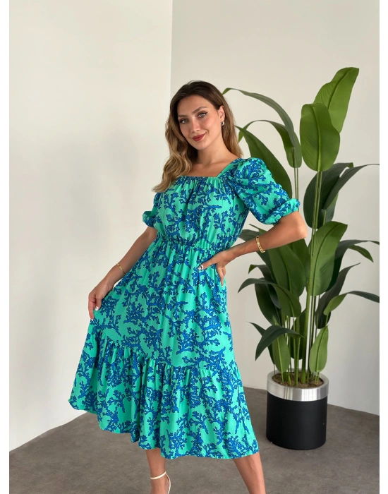 Karpuz Kol Midi Boy Pamuklu Viskon Elbise Mavi