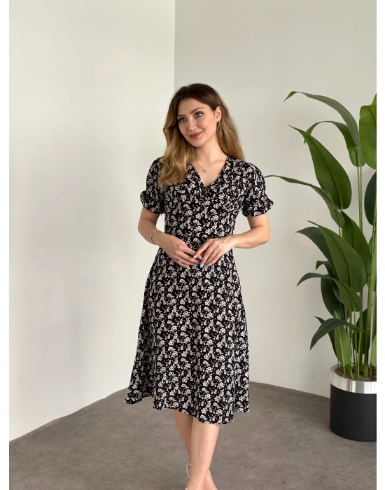 Karpuz Kol Midi Boy Pamuklu Viskon Elbise Siyah