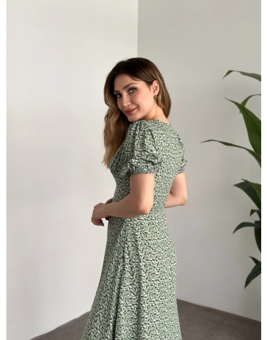 Karpuz Kol Midi Boy Pamuklu Viskon Elbise Yeşil