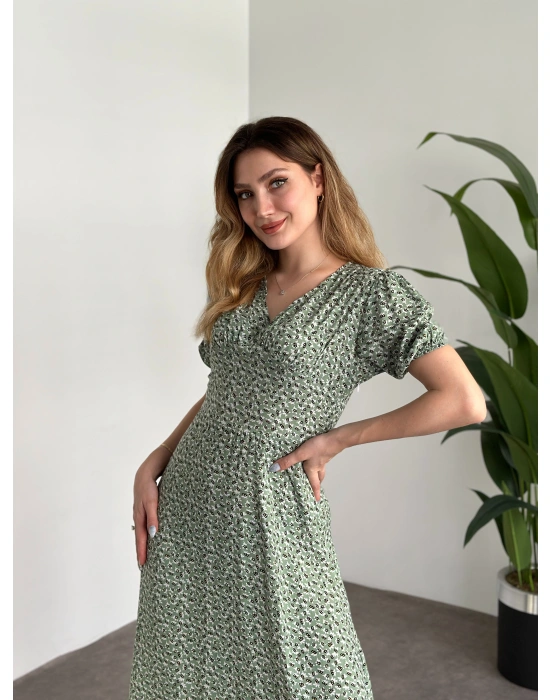 Karpuz Kol Midi Boy Pamuklu Viskon Elbise Yeşil