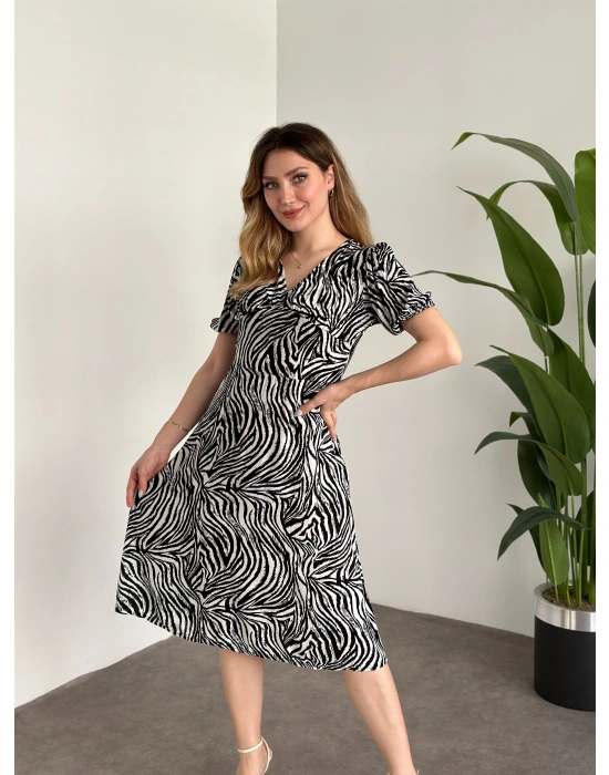 Karpuz Kol Midi Boy Pamuklu Viskon Elbise Zebra