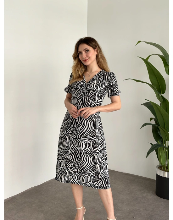 Karpuz Kol Midi Boy Pamuklu Viskon Elbise Zebra