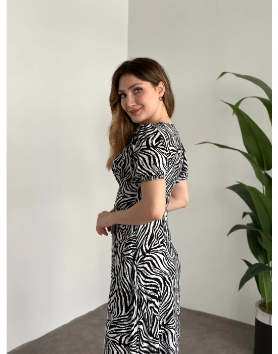 Karpuz Kol Midi Boy Pamuklu Viskon Elbise Zebra