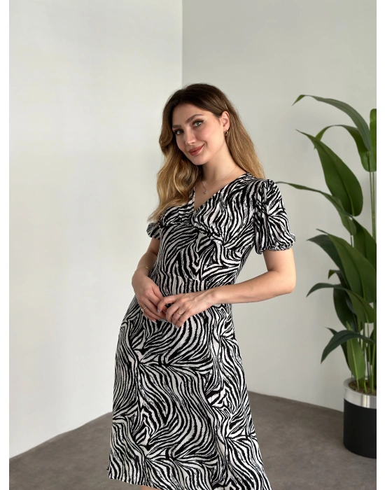 Karpuz Kol Midi Boy Pamuklu Viskon Elbise Zebra