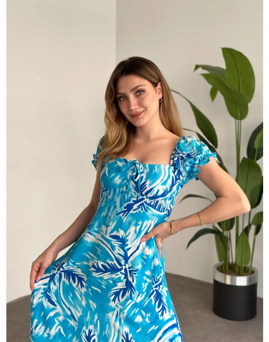 Karpuz Kol Önden Bağcıklı Pamuklu Viskon Elbise Deniz Mavisi