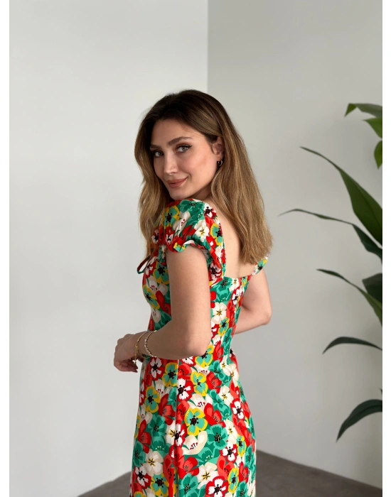 Karpuz Kol Önden Bağcıklı Pamuklu Viskon Elbise Yeşil Kırmızı Çiçekli