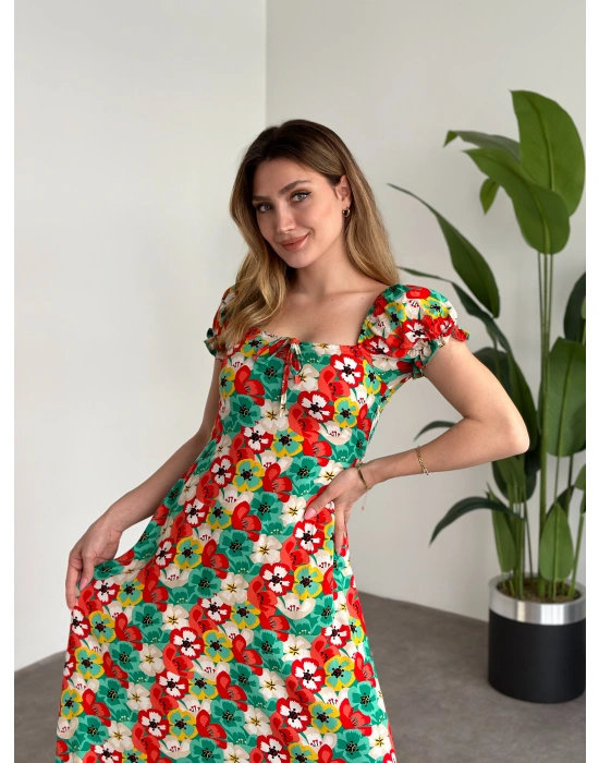 Karpuz Kol Önden Bağcıklı Pamuklu Viskon Elbise Yeşil Kırmızı Çiçekli