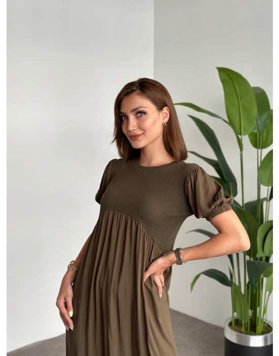 karpuz kol üstü kaşkorse altı viskon kumaş midi elbise Haki