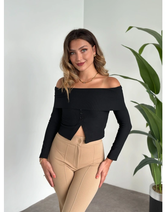 Kayık Yaka Crop Düğmeli Bluz Siyah