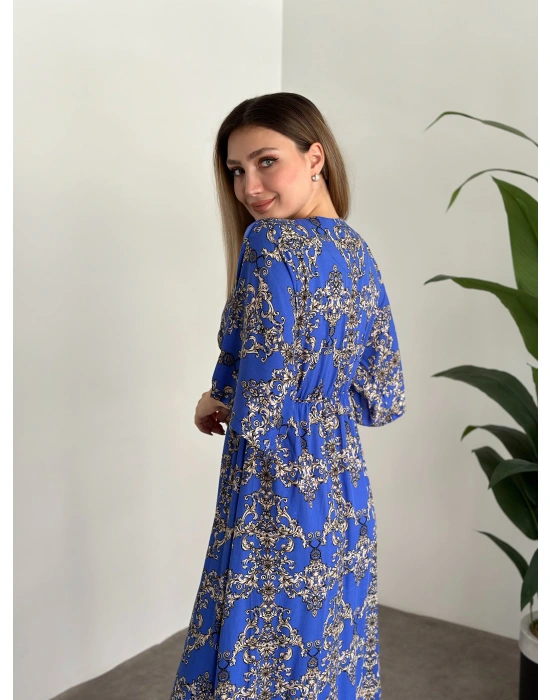 Kruvaze Yaka Yarasa Kol Yırtmaçlı Lastikli Elbise Koyu Mavi