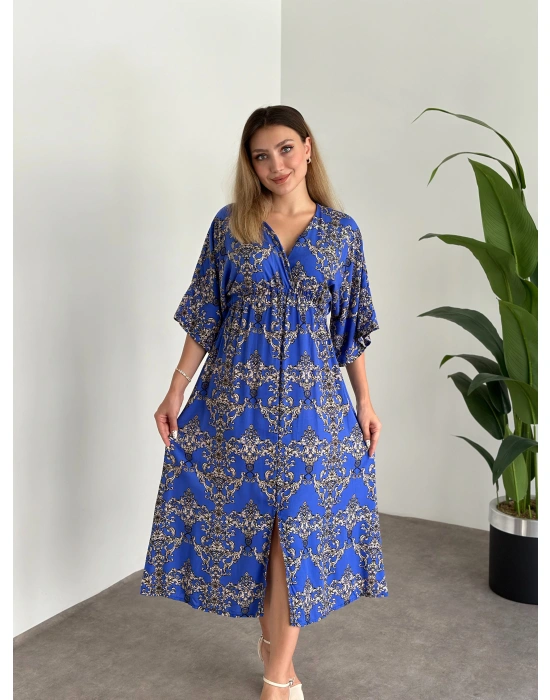 Kruvaze Yaka Yarasa Kol Yırtmaçlı Lastikli Elbise Koyu Mavi