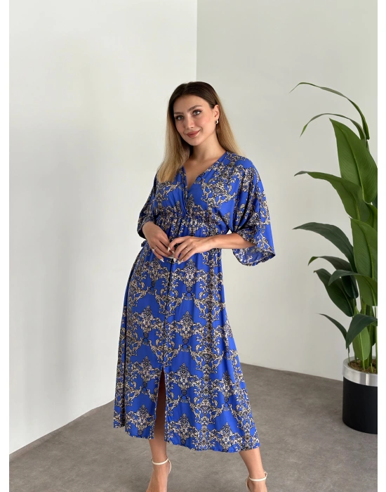 Kruvaze Yaka Yarasa Kol Yırtmaçlı Lastikli Elbise Koyu Mavi