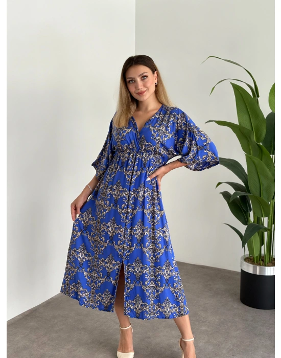 Kruvaze Yaka Yarasa Kol Yırtmaçlı Lastikli Elbise Koyu Mavi