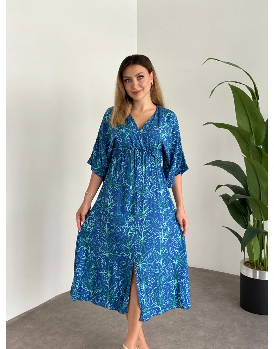 Kruvaze Yaka Yarasa Kol Yırtmaçlı Lastikli Elbise Mavi Yeşil