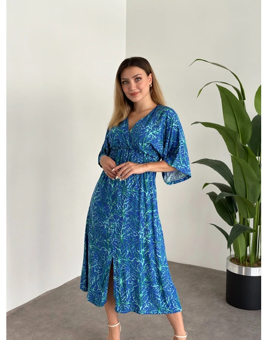 Kruvaze Yaka Yarasa Kol Yırtmaçlı Lastikli Elbise Mavi Yeşil