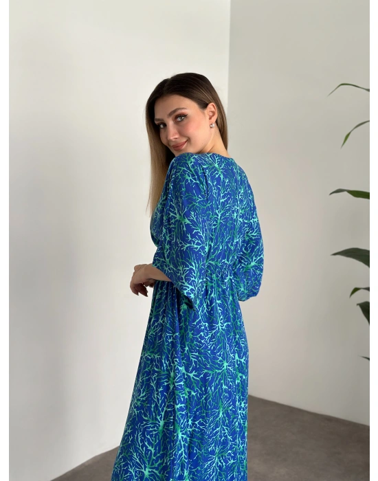 Kruvaze Yaka Yarasa Kol Yırtmaçlı Lastikli Elbise Mavi Yeşil