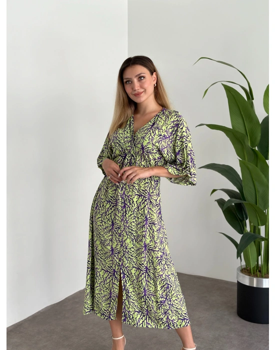 Kruvaze Yaka Yarasa Kol Yırtmaçlı Lastikli Elbise Yeşil Mor