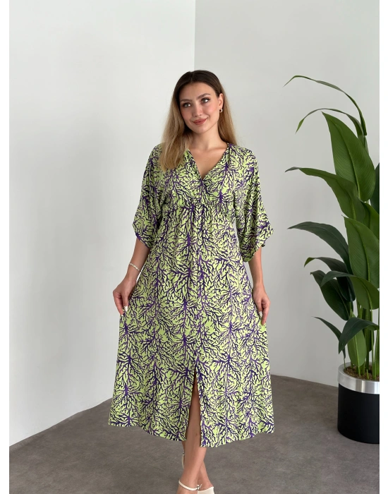 Kruvaze Yaka Yarasa Kol Yırtmaçlı Lastikli Elbise Yeşil Mor