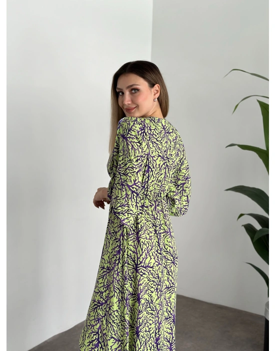 Kruvaze Yaka Yarasa Kol Yırtmaçlı Lastikli Elbise Yeşil Mor