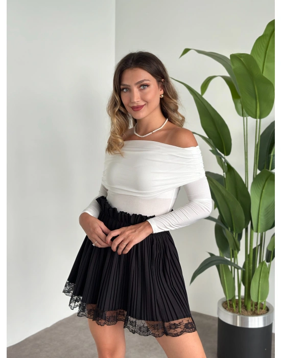 Madonna yaka ithal sandy kumaş uzun kollu bluz Beyaz