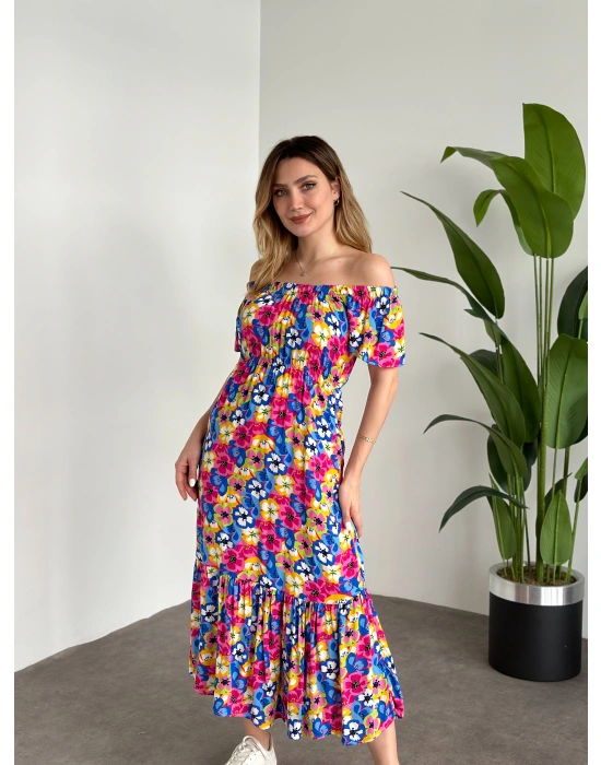 Madonna Yaka Viskon Elbise Mavi Pembe Çiçekli