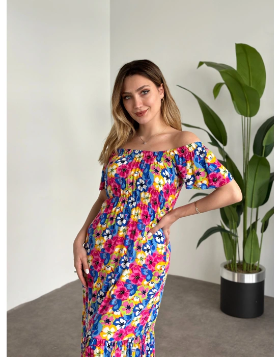 Madonna Yaka Viskon Elbise Mavi Pembe Çiçekli