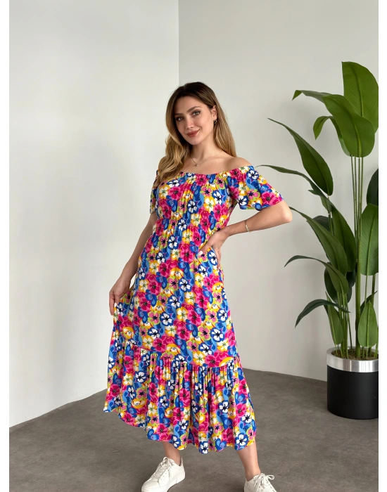 Madonna Yaka Viskon Elbise Mavi Pembe Çiçekli