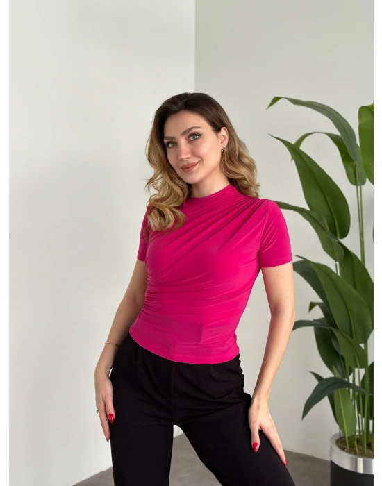 Omuzu Ve Beli Büzgülü Sandy Kumaş Bluz fuşya