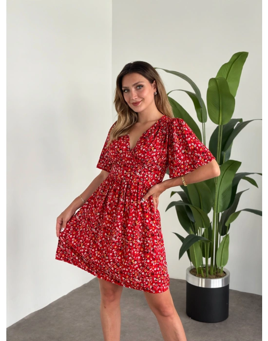 Önü Drapeli Kolları Volanli Pamuklu Viskon Kumaş Elbise Kırmızı Çiçekli