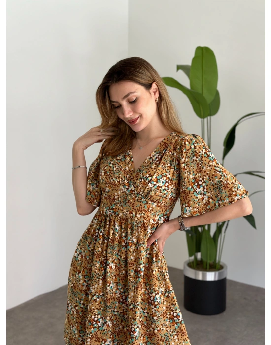 Önü Drapeli Kolları Volanli Pamuklu Viskon Kumaş Elbise Sarı